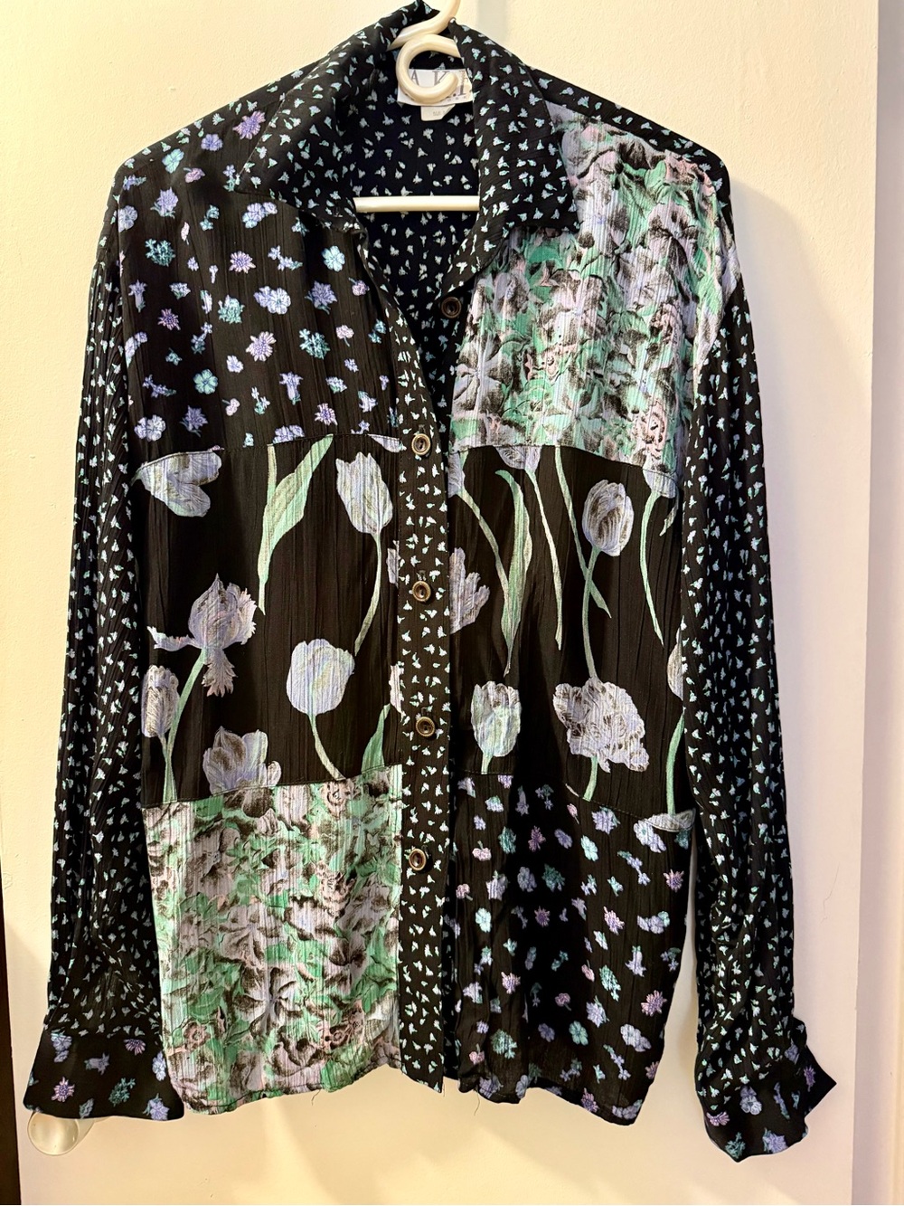 Vintage AKF New York Floral Patchwork Rayon Blouse 11 M Made USA